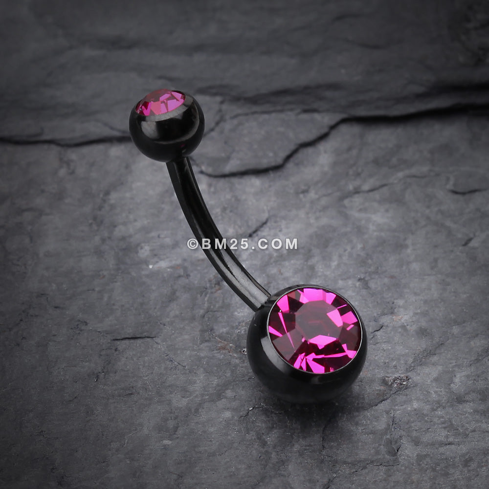 Detail View 2 of Colorline Double Gem Ball Steel Belly Button Ring-Black/Fuchsia