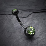 Detail View 2 of Colorline Double Gem Ball Steel Belly Button Ring-Black/Light Green