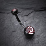 Detail View 2 of Colorline Double Gem Ball Steel Belly Button Ring-Black/Light Pink