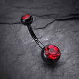 Detail View 2 of Colorline Double Gem Ball Steel Belly Button Ring-Black/Red