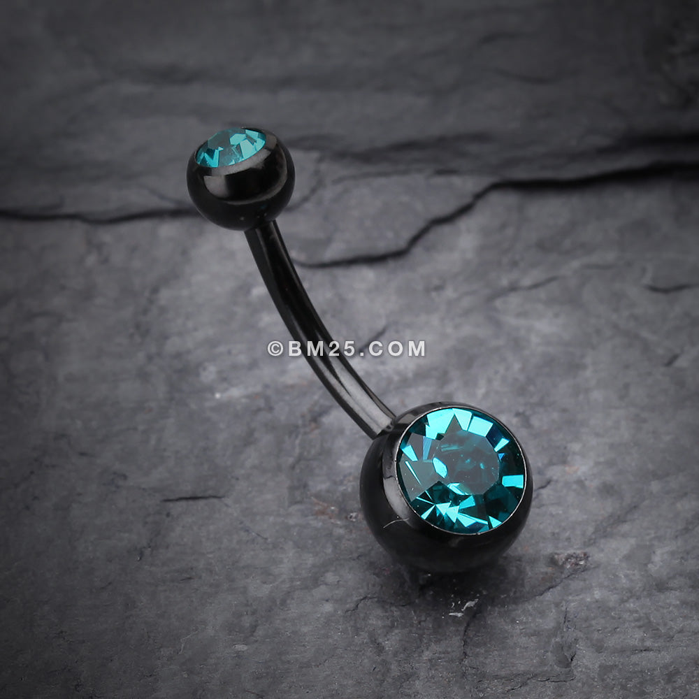 Detail View 2 of Colorline Double Gem Ball Steel Belly Button Ring-Black/Teal