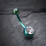 Detail View 2 of Colorline Double Gem Ball Steel Belly Button Ring-Green/Clear