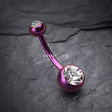 Detail View 2 of Colorline Double Gem Ball Steel Belly Button Ring-Purple/Clear