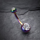 Detail View 2 of Colorline Double Gem Ball Steel Belly Button Ring-Rainbow/Clear