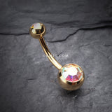 Detail View 2 of Gold PVD Double Gem Ball Steel Belly Button Ring-Aurora Borealis