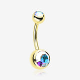 Gold PVD Double Gem Ball Steel Belly Button Ring-Aurora Borealis