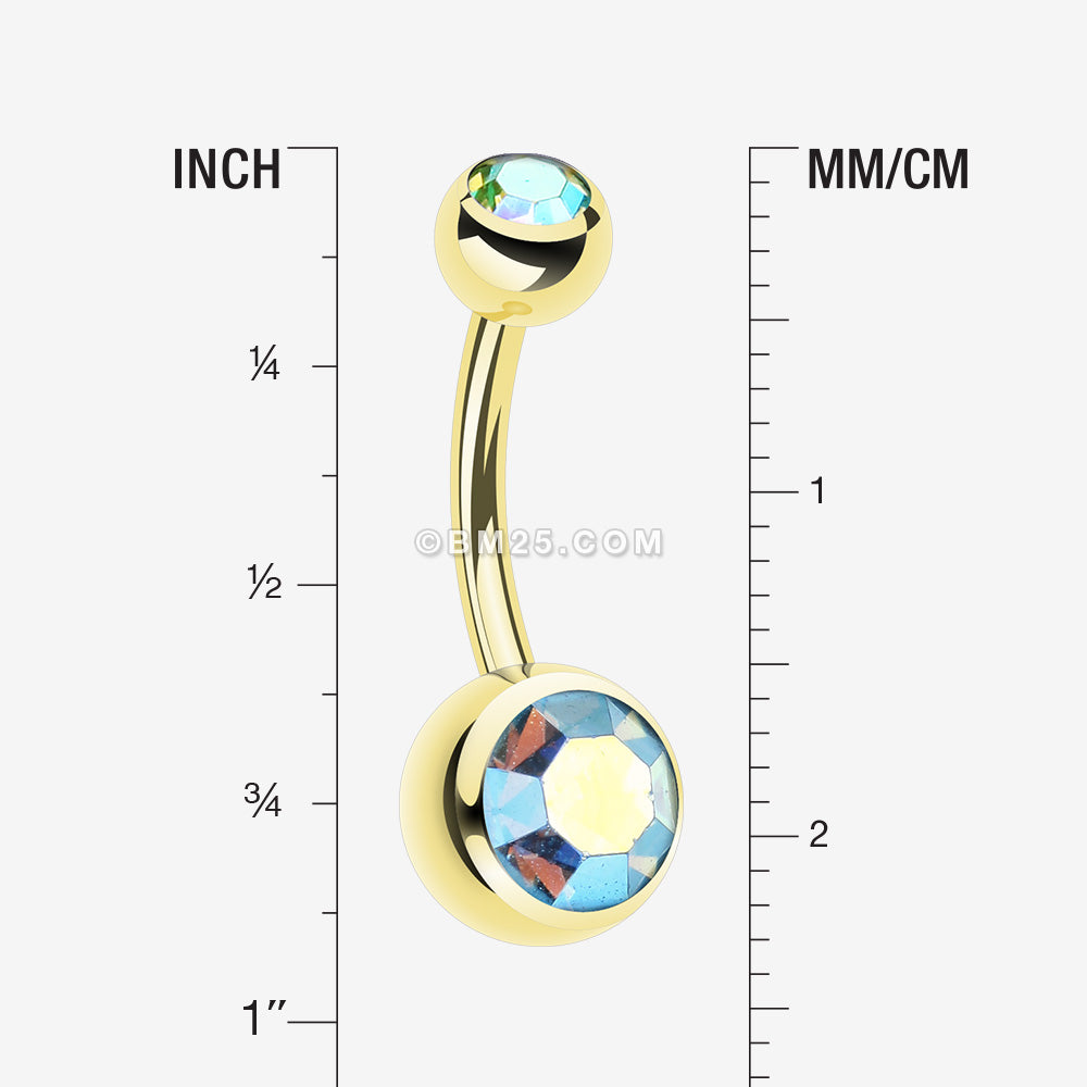 Detail View 1 of Gold PVD Double Gem Ball Steel Belly Button Ring-Aqua/Aurora Borealis