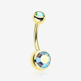 Gold PVD Double Gem Ball Steel Belly Button Ring-Aqua/Aurora Borealis