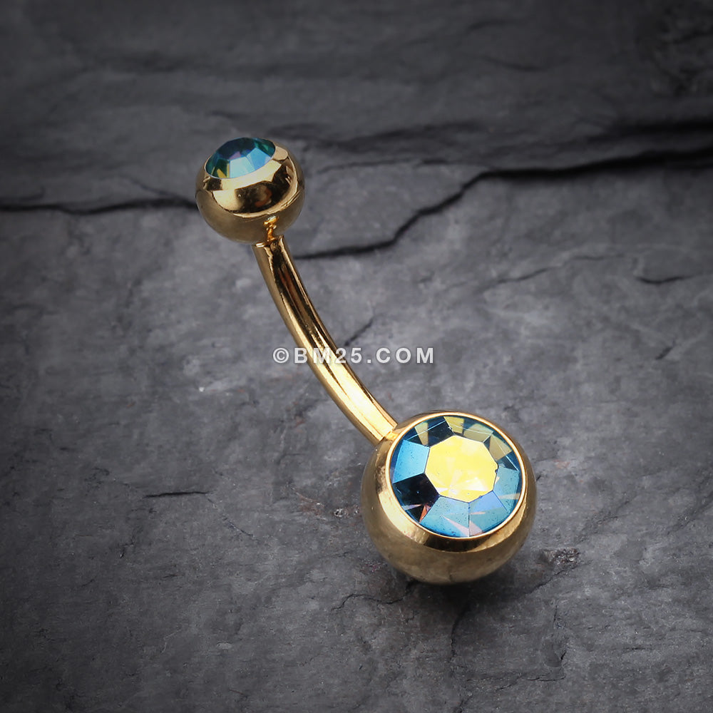 Detail View 2 of Gold PVD Double Gem Ball Steel Belly Button Ring-Aqua/Aurora Borealis