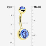 Detail View 1 of Gold PVD Double Gem Ball Steel Belly Button Ring-Blue