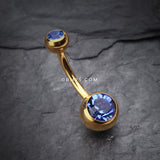 Detail View 2 of Gold PVD Double Gem Ball Steel Belly Button Ring-Blue