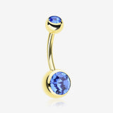 Gold PVD Double Gem Ball Steel Belly Button Ring-Blue