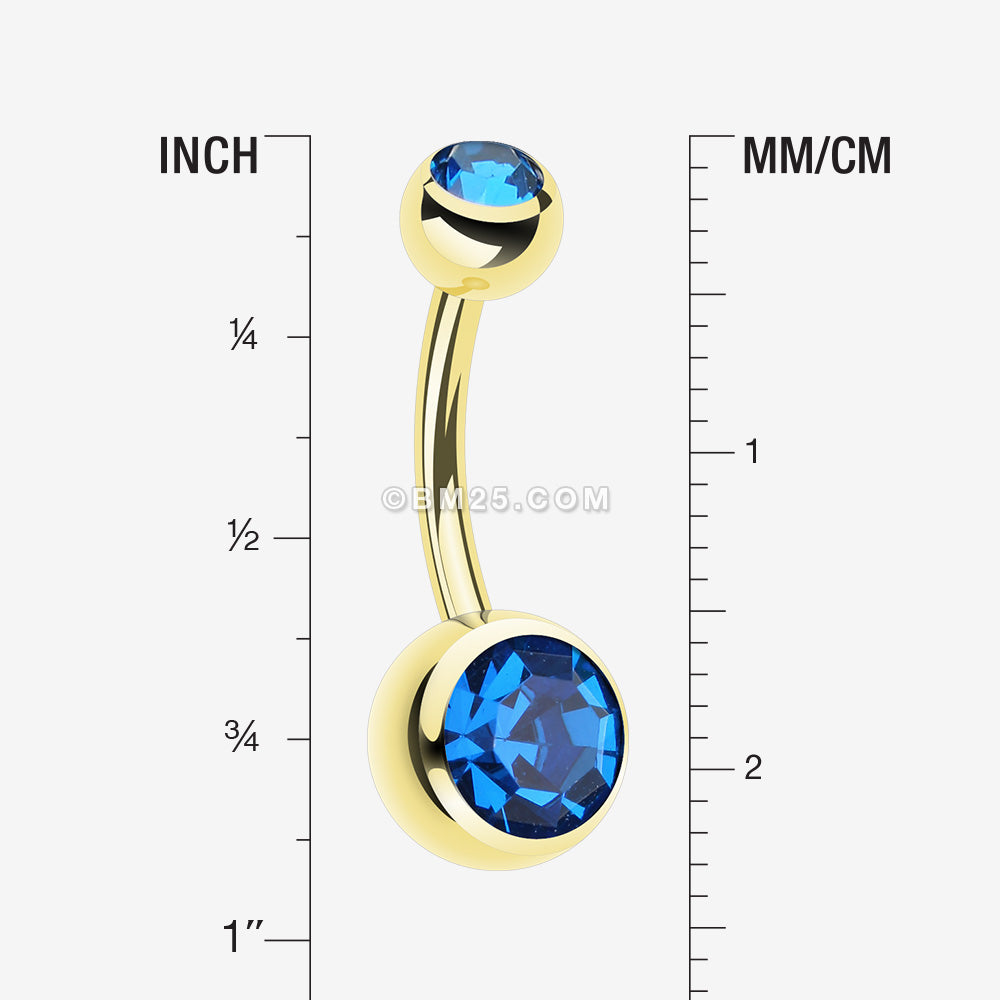 Detail View 1 of Gold PVD Double Gem Ball Steel Belly Button Ring-Capri Blue