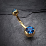 Detail View 2 of Gold PVD Double Gem Ball Steel Belly Button Ring-Capri Blue