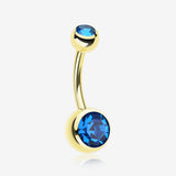 Gold PVD Double Gem Ball Steel Belly Button Ring-Capri Blue