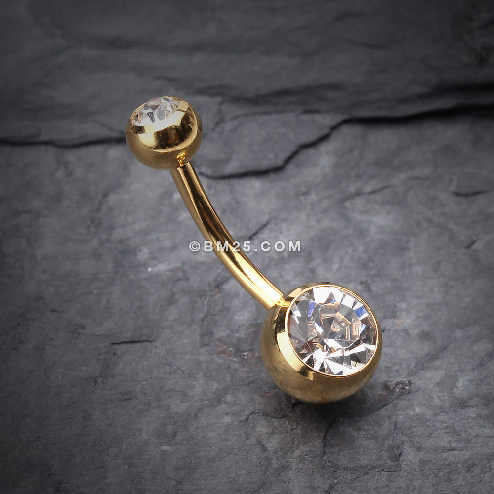 Detail View 2 of Gold PVD Double Gem Ball Steel Belly Button Ring-Clear Gem