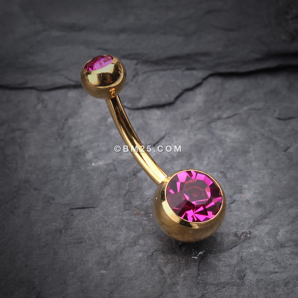 Detail View 2 of Gold PVD Double Gem Ball Steel Belly Button Ring-Fuchsia