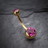 Detail View 2 of Gold PVD Double Gem Ball Steel Belly Button Ring-Fuchsia