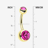 Detail View 1 of Gold PVD Double Gem Ball Steel Belly Button Ring-Fuchsia