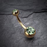 Detail View 2 of Gold PVD Double Gem Ball Steel Belly Button Ring-Light Green