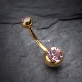Detail View 2 of Gold PVD Double Gem Ball Steel Belly Button Ring-Light Pink