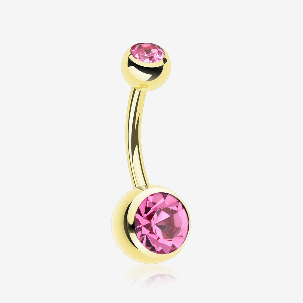 Gold PVD Double Gem Ball Steel Belly Button Ring-Pink