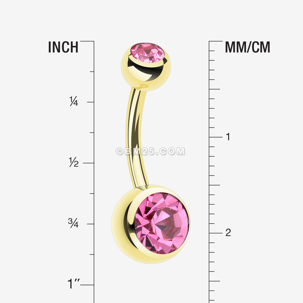 Detail View 1 of Gold PVD Double Gem Ball Steel Belly Button Ring-Pink