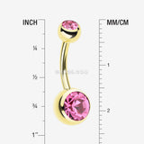 Detail View 1 of Gold PVD Double Gem Ball Steel Belly Button Ring-Pink