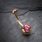 Detail View 2 of Gold PVD Double Gem Ball Steel Belly Button Ring-Pink