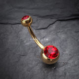 Detail View 2 of Gold PVD Double Gem Ball Steel Belly Button Ring-Red