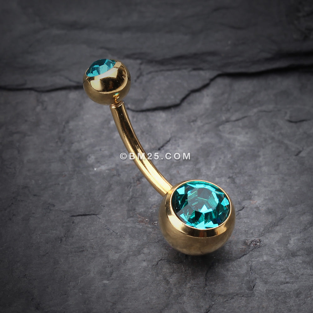 Detail View 2 of Gold PVD Double Gem Ball Steel Belly Button Ring-Teal