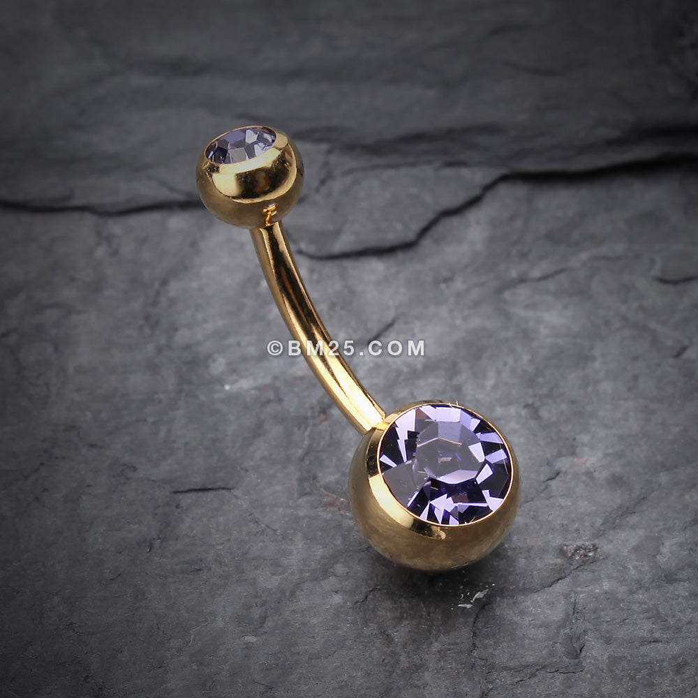 Detail View 2 of Gold PVD Double Gem Ball Steel Belly Button Ring-Tanzanite