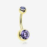 Gold PVD Double Gem Ball Steel Belly Button Ring-Tanzanite