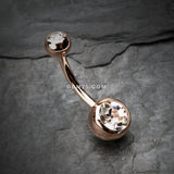 Detail View 2 of Rose Gold Double Gem Ball Steel Belly Button Ring-Clear Gem