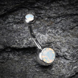Detail View 2 of Opalite Double Gem Ball Steel Belly Button Ring-White