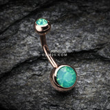 Detail View 2 of Rose Gold Opalite Double Gem Ball Steel Belly Button Ring-Pacific Opal