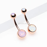 Detail View 3 of Rose Gold Opalite Double Gem Ball Steel Belly Button Ring-White