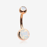 Rose Gold Opalite Double Gem Ball Steel Belly Button Ring-White