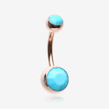 Rose Gold Turquoise Double Gem Ball Steel Belly Button Ring