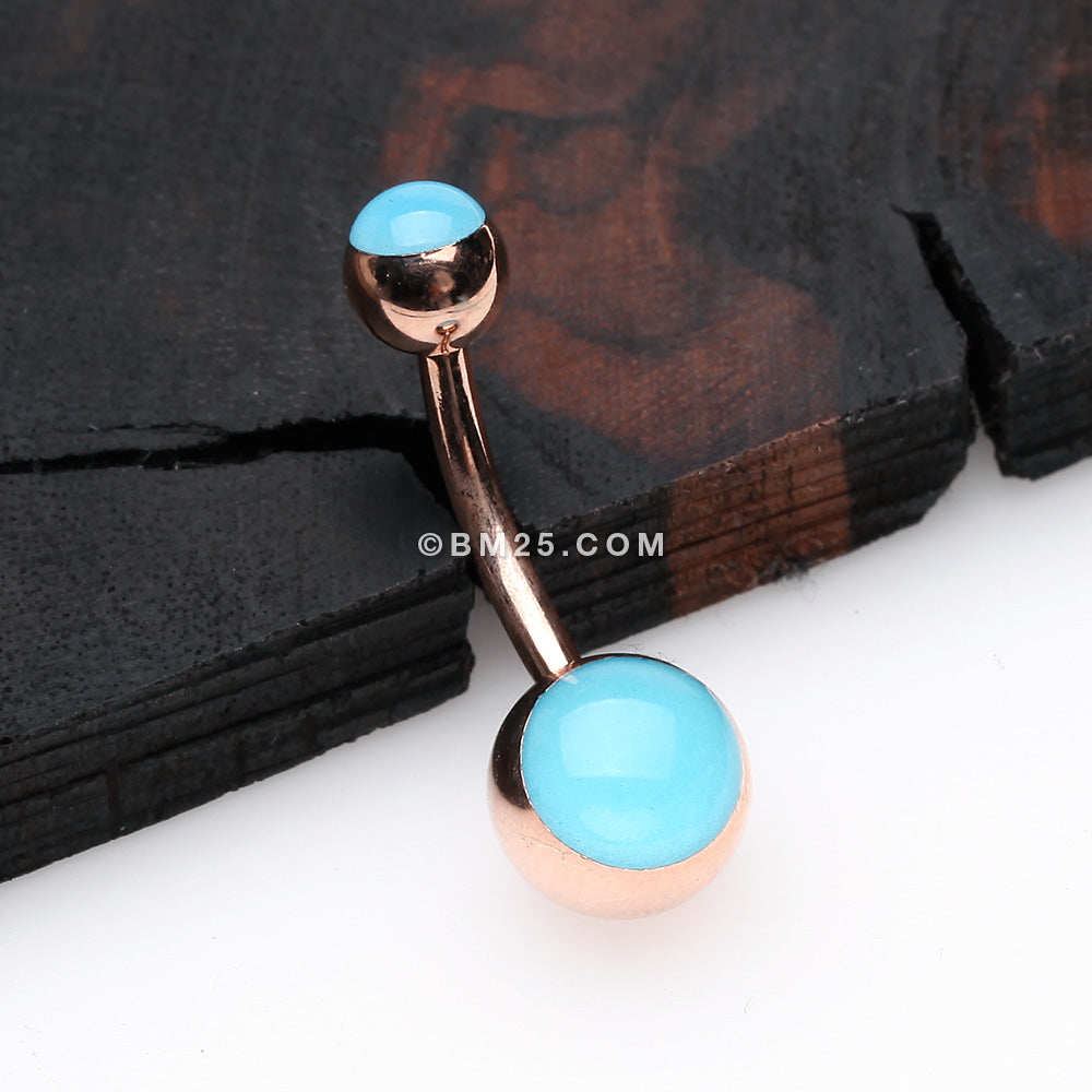 Detail View 2 of Rose Gold Blue Glow in the Dark Steel Belly Button Ring-Blue