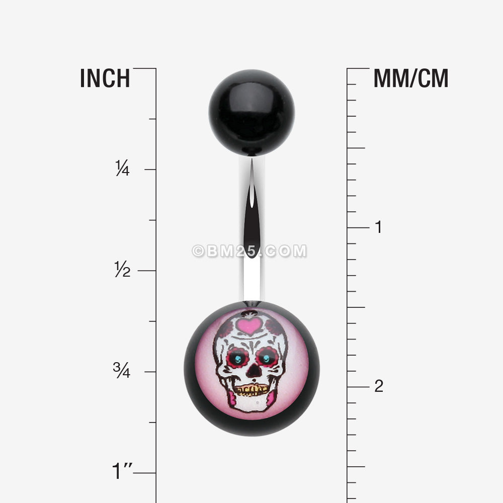 Detail View 1 of Sugar Skull Acrylic Logo Belly Button Ring-Pink/Fuchsia