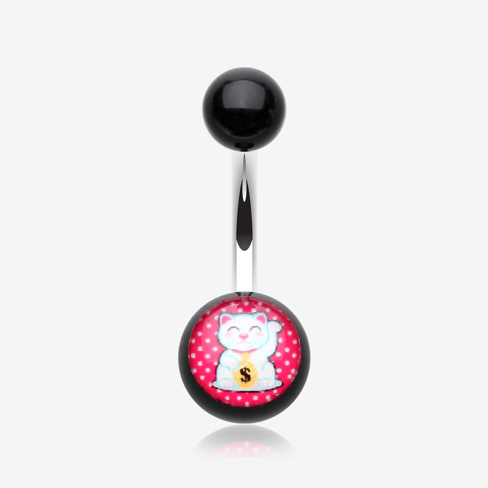 Maneki-Neko Lucky Cat Acrylic Logo Belly Button Ring-Red