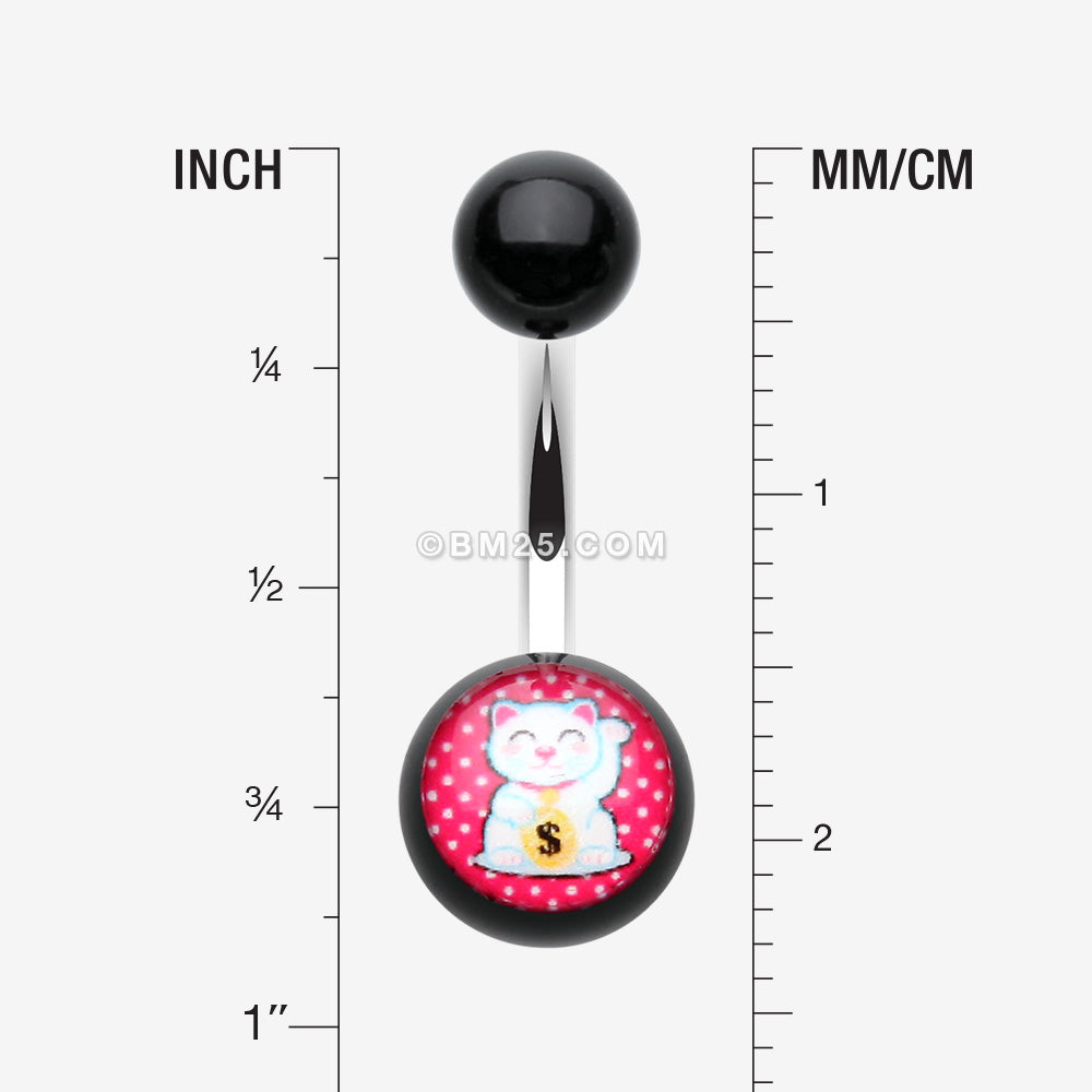 Detail View 1 of Maneki-Neko Lucky Cat Acrylic Logo Belly Button Ring-Red