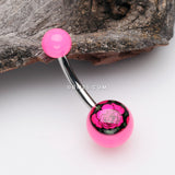 Detail View 2 of Romantic Rose Flower Acrylic Logo Belly Button Ring-Pink