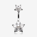 Pearl Bead Flower Sparkle Belly Ring-Clear Gem