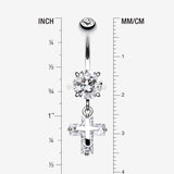 Detail View 1 of Cross on Cross Sparkle Belly Ring-Clear Gem