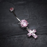 Detail View 2 of Cross on Cross Sparkle Belly Ring-Pink