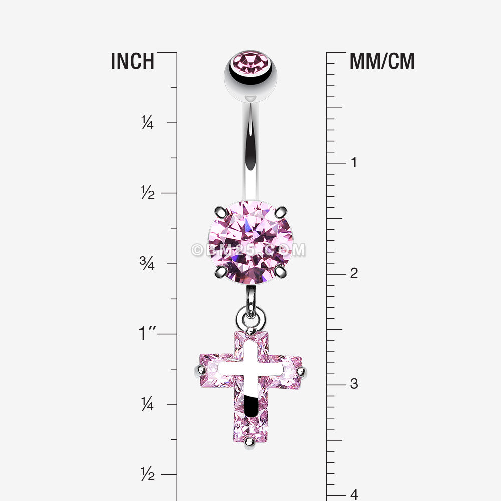 Detail View 1 of Cross on Cross Sparkle Belly Ring-Pink
