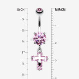 Detail View 1 of Cross on Cross Sparkle Belly Ring-Pink