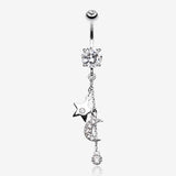 Wishing Star with Moon Belly Button Ring-Clear Gem